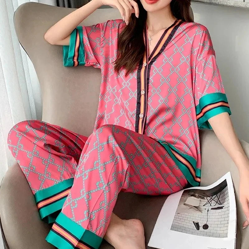 Rose Red Satin Pajama Set - Silk Spring/Summer Sleepwear with Long Pants