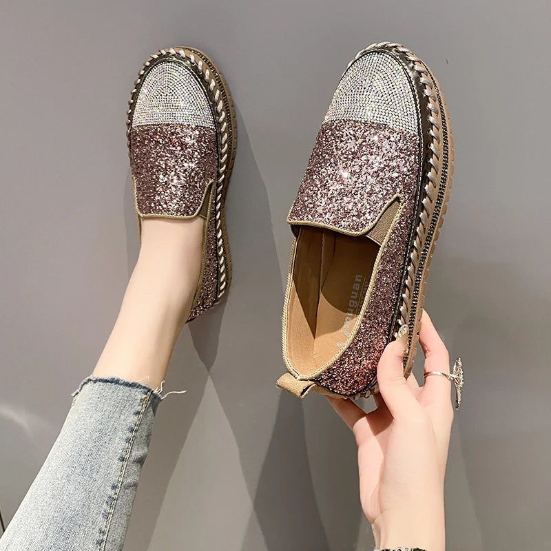 Women Shining Rhinestone Flats Loafers Slip