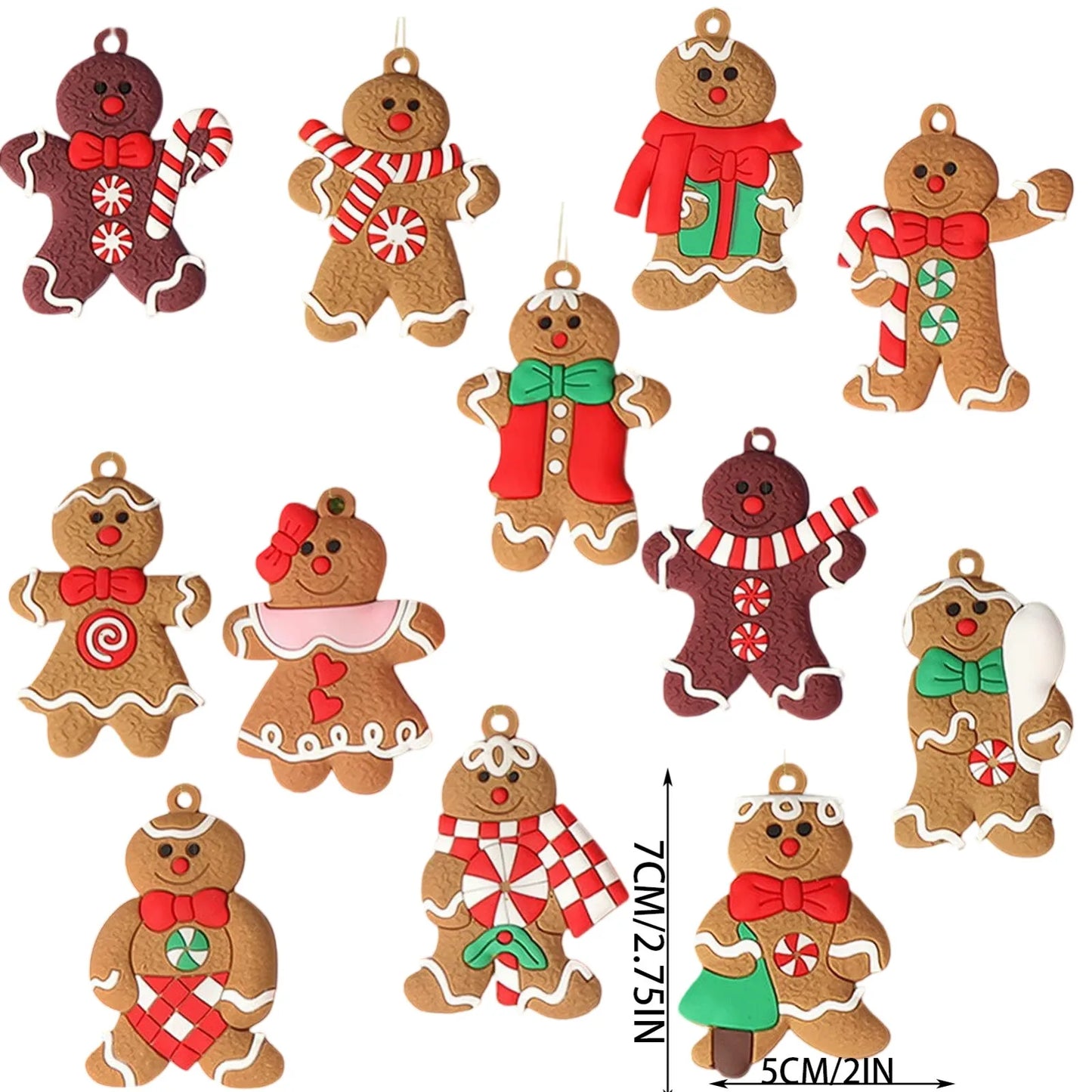 12pcs Christmas Gingerbread Man Ornaments – 2D Flat Hanging Pendant for Tree & Car