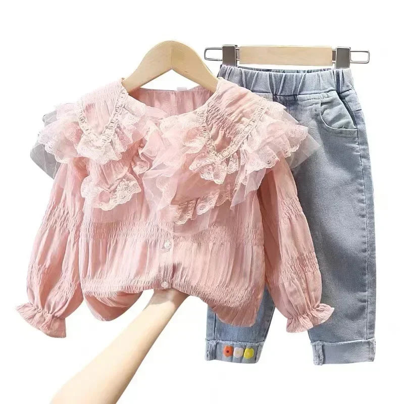 Girls' Spring Autumn Lace Shirt & Denim Jeans Set