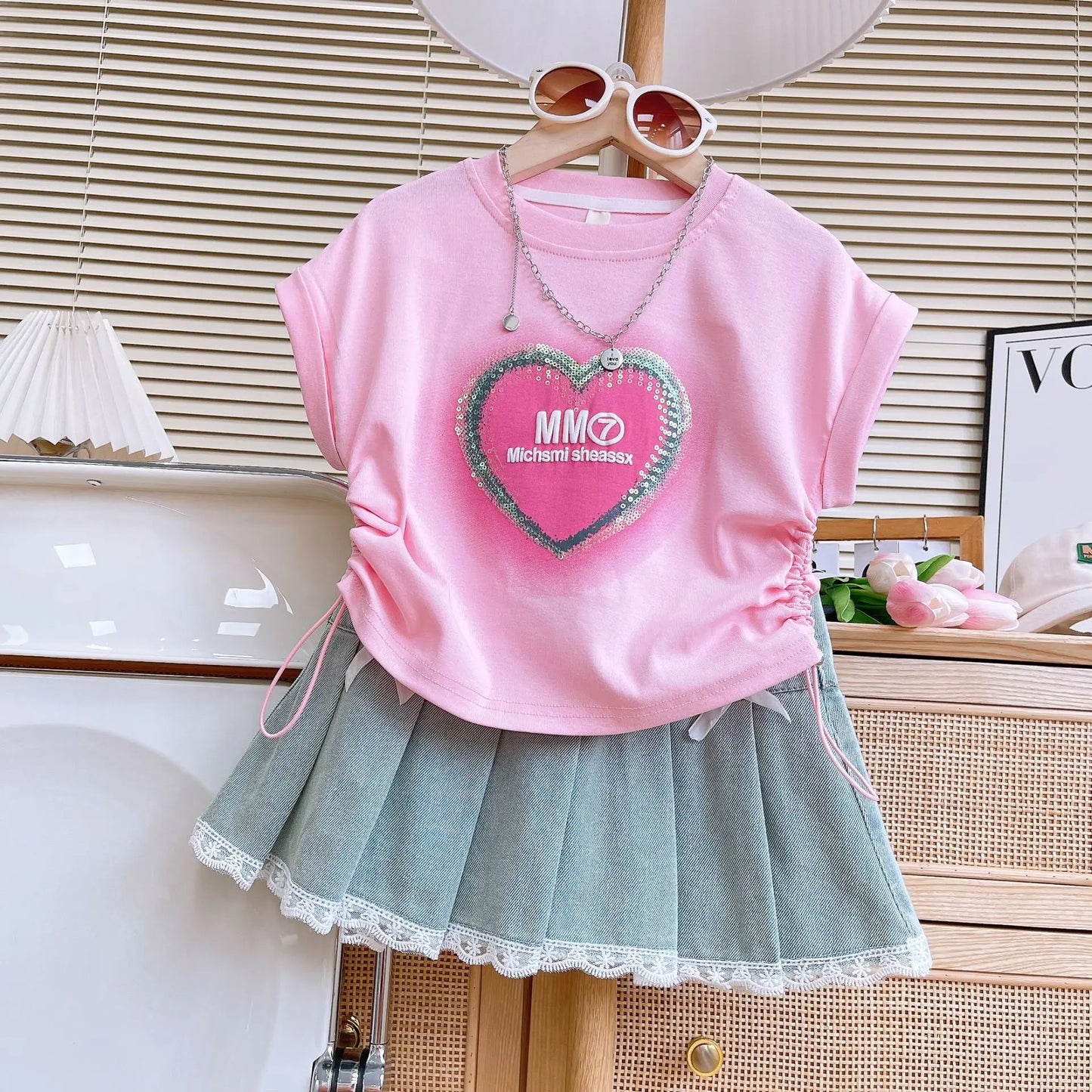 Sequin Heart & Lace Denim Skirt Set for Girls