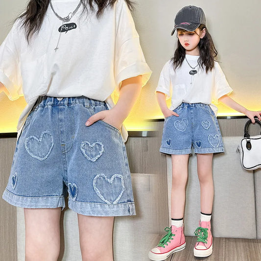 Cute Pearl Heart Denim Shorts for Girls