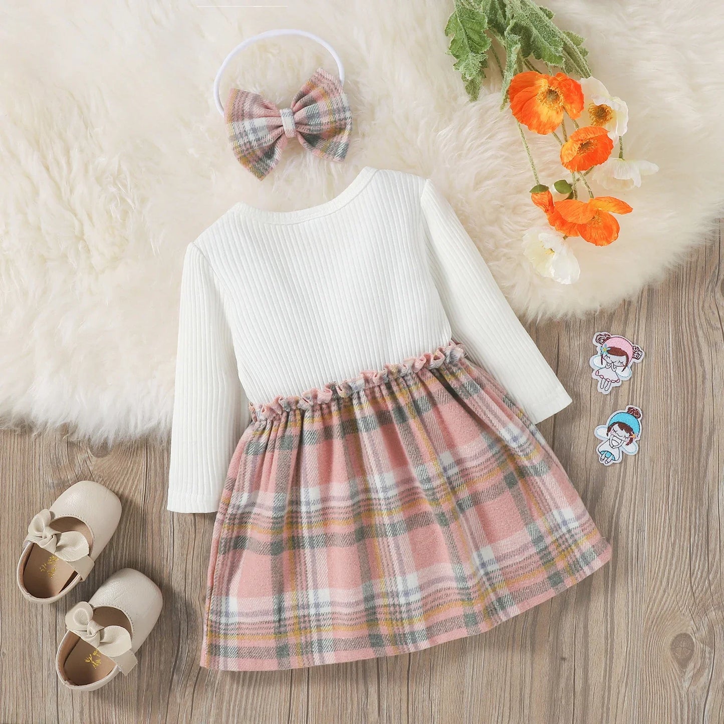 Baby Girl Pink Plaid Bow Dress Set - 2pcs