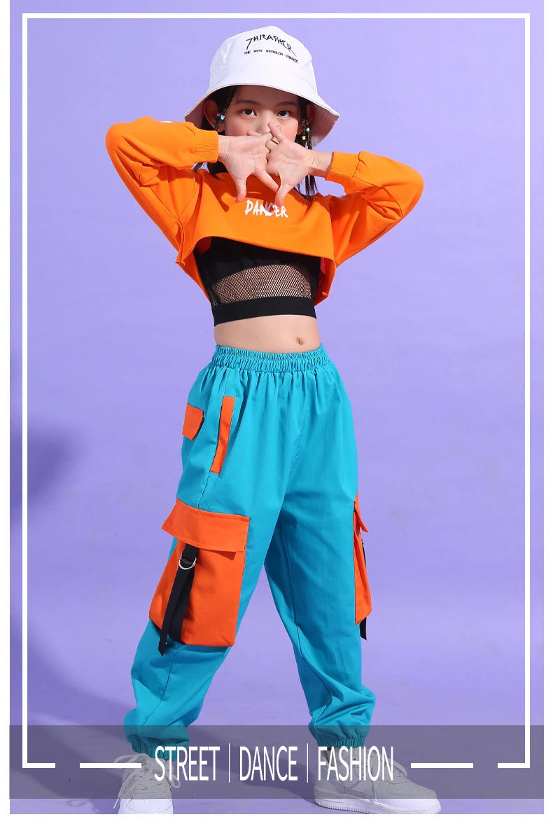 Hip Hop Girls' Crop Top & Cargo Pants Set - Street Dance & Cheerleader Style