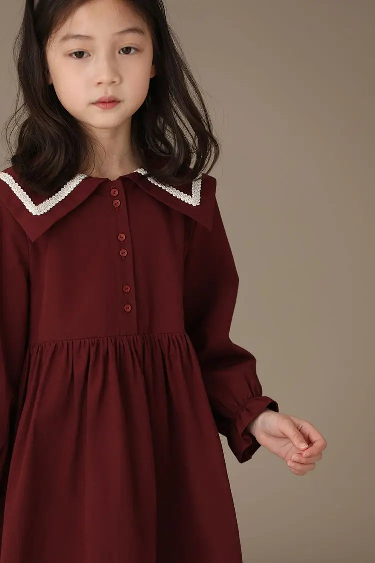 Girls' Red Long Sleeve Dress – Turn-Down Collar Casual Spring Princess Outfit (Ages 6-15)