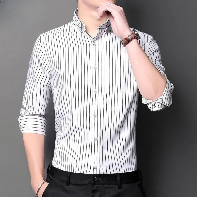 Men's Stretch Long Sleeve Shirt with Colorful Stripes – Soft, Breathable, Business Casual Style