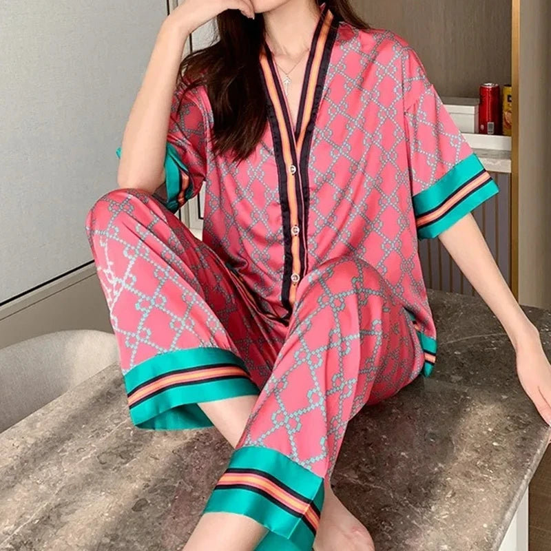 Rose Red Satin Pajama Set - Silk Spring/Summer Sleepwear with Long Pants