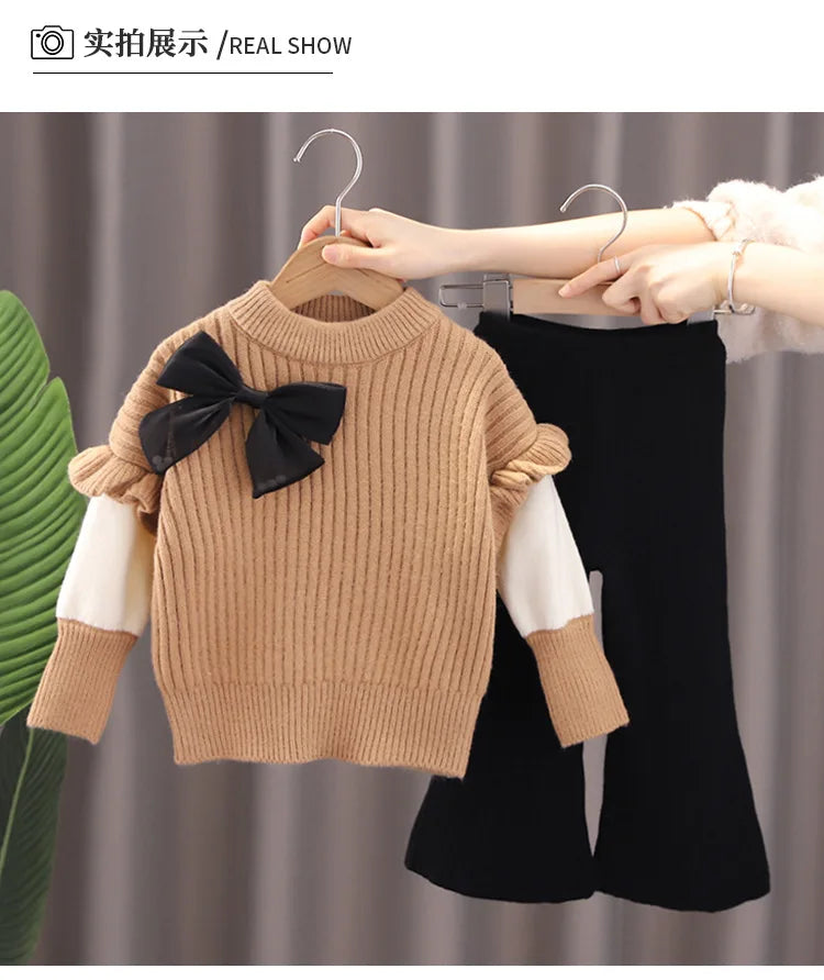 Girls' 2PCS Sweater & Flared Pant Set - Autumn/Winter Outfit