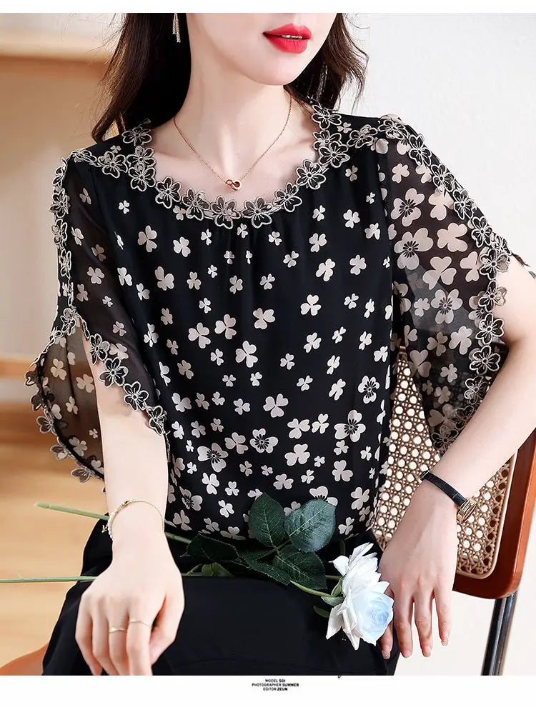 Women's Summer Elegant Chiffon Shirt – Loose Hollow Out O-Neck Short Sleeve Top for Casual All-Match Style