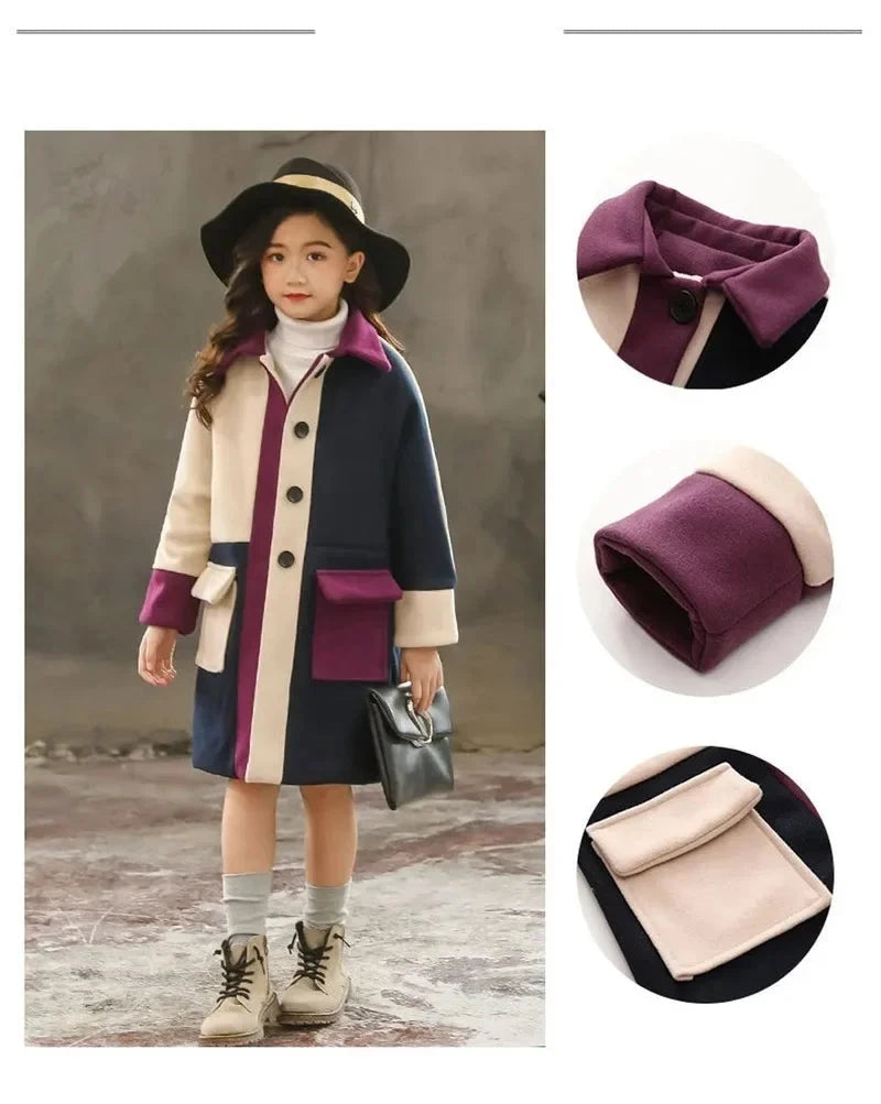 Girls Wool Coat Autumn Winter Jacket - Fashionable Outerwear for Ages 4-13