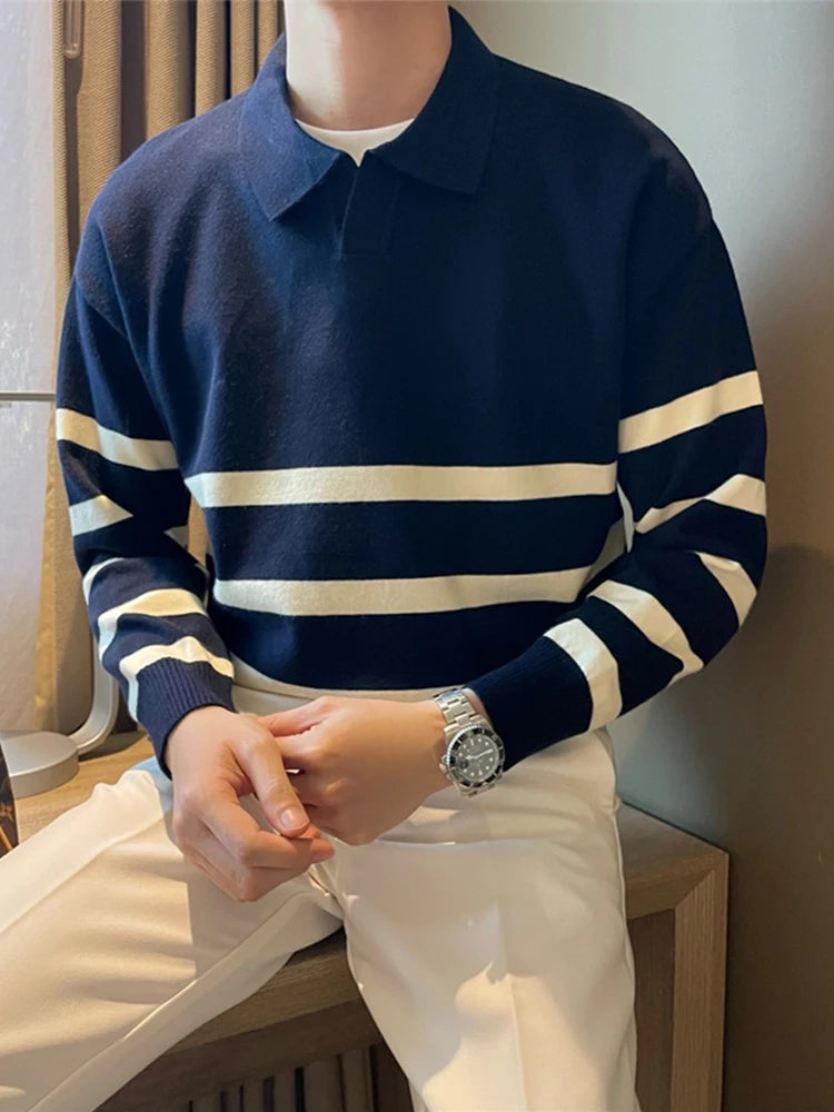 Men's Autumn Striped Lapel Sweater – Casual Y2K Knit Pullover.